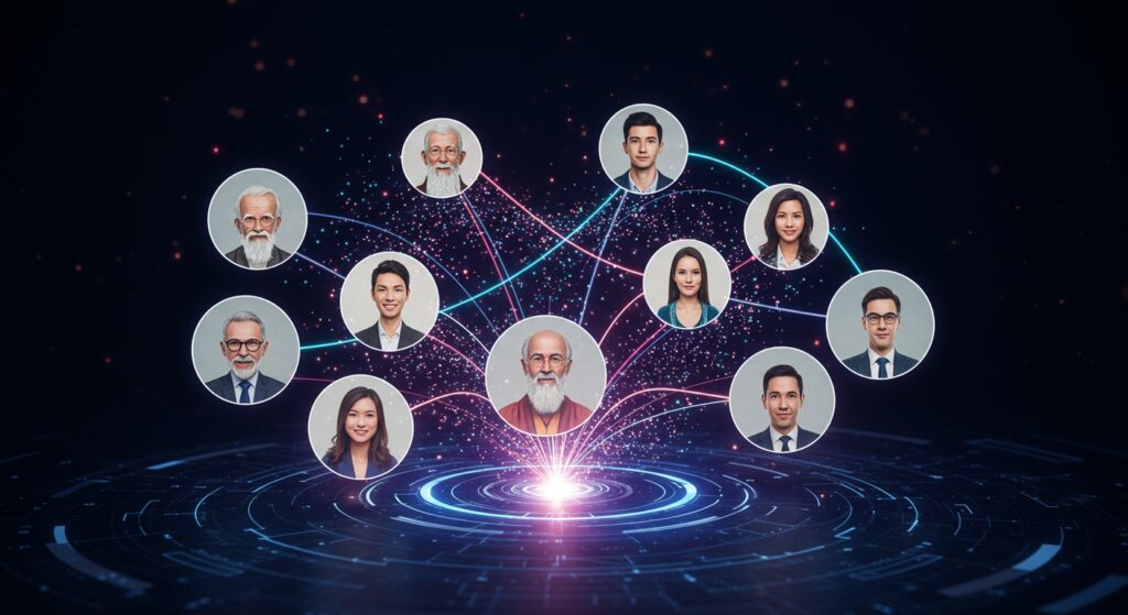 鮮やかに光るChatGPTインターフェースを中心に、賢者、友人、ビジネスプロフェッショナルなど多様なキャラクターアバターが湧き出し、相互に対話する未来的なデジタルアート。色鮮やかなデータストリームがこれらのパーソナライズされたAIペルソナを結びつけ、AI対話の劇的な変化と感情の深さを象徴しています。「チャットGPT キャラ設定」がいかにユーザー体験を変革するかを視覚的に表現しています。