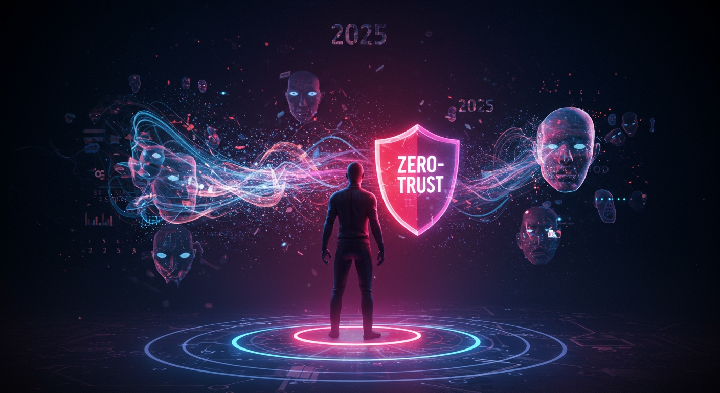 2025年のサイバー脅威に立ち向かうゼロトラスト戦略を視覚化した画像。中心に立つ一人の人物が、AIによるデータストリームやデジタル顔の形をした脅威から強力なゼロトラストシールドで身を守っている様子を描写。未来的なネオンライトの背景に「2025」の数字が統合され、デジタル防御とエンパワーメントを表現する高コントラストでドラマチックな照明が特徴です。AI時代のセキュリティ対策の重要性を強調しています。