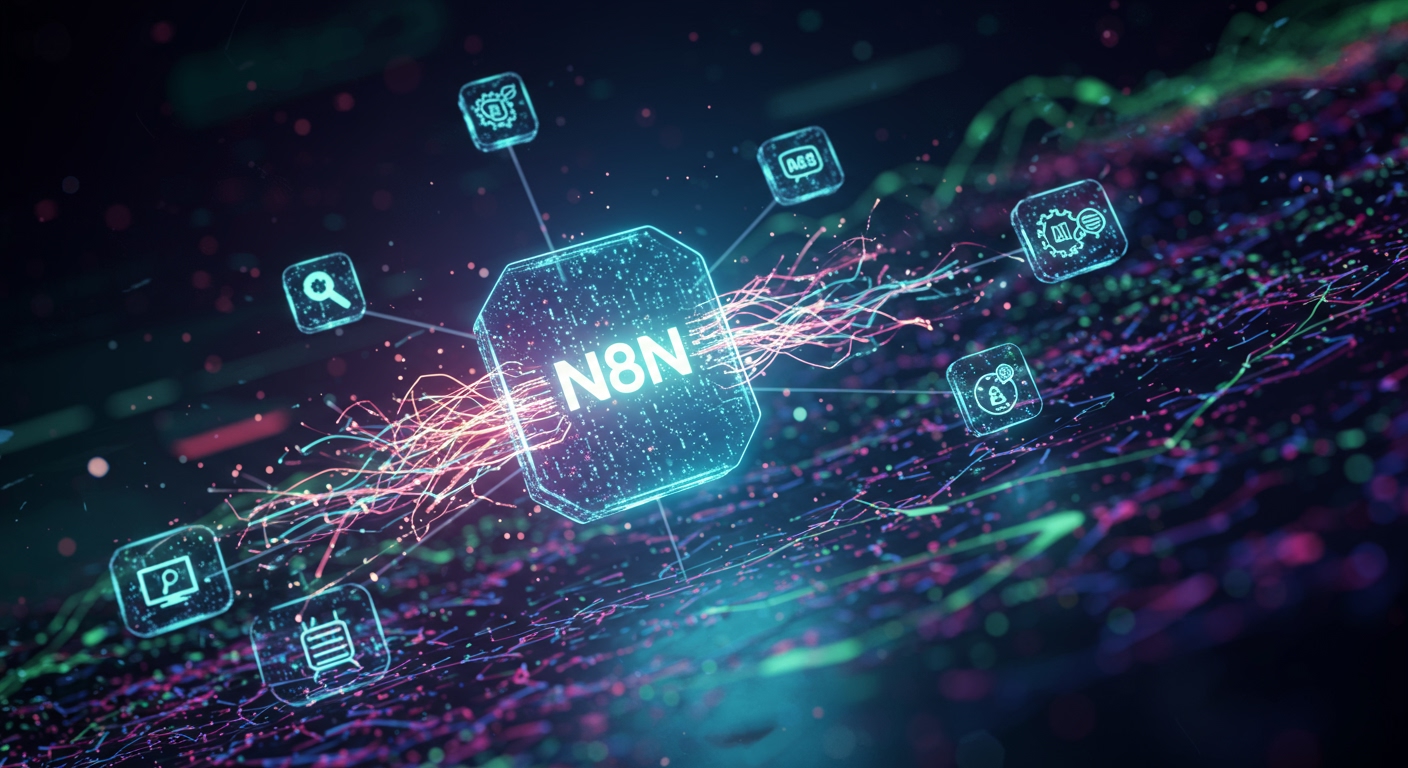 n8nの輝くシンボルを中心に、光のストリームが複数のAIモデルアイコンに接続し、2025年の高度なワークフロー自動化とビジネスイノベーションを象徴する未来的なデジタルネットワークのイラスト。電光を帯びた青、深い紫、鮮やかな緑を基調とした高技術の抽象的なデジタル背景が、速度と最先端テクノロジーを表現しています。この画像は、n8nとAIの融合がもたらすビジネス加速の可能性を視覚的に伝えるためのものです。