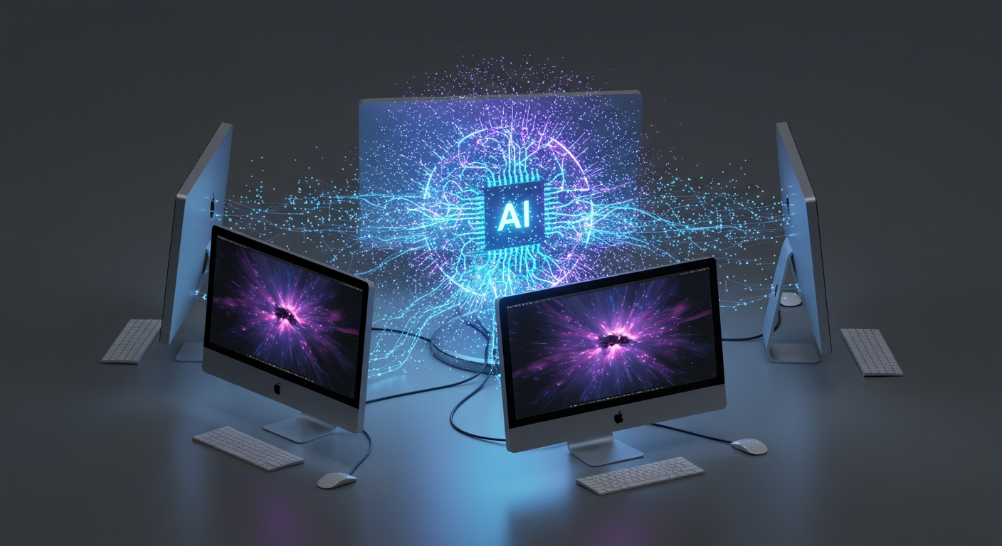 5台のMac Studioが鮮やかな青と紫のデータストリームで密接に接続され、中央で輝く抽象的なAIインテリジェンスの球体に収束している様子。このセットアップは、パワフルなローカルAIスーパーコンピュータを象徴し、クリーンで未来的な表面に置かれ、計り知れない計算能力と革新性を放っています。