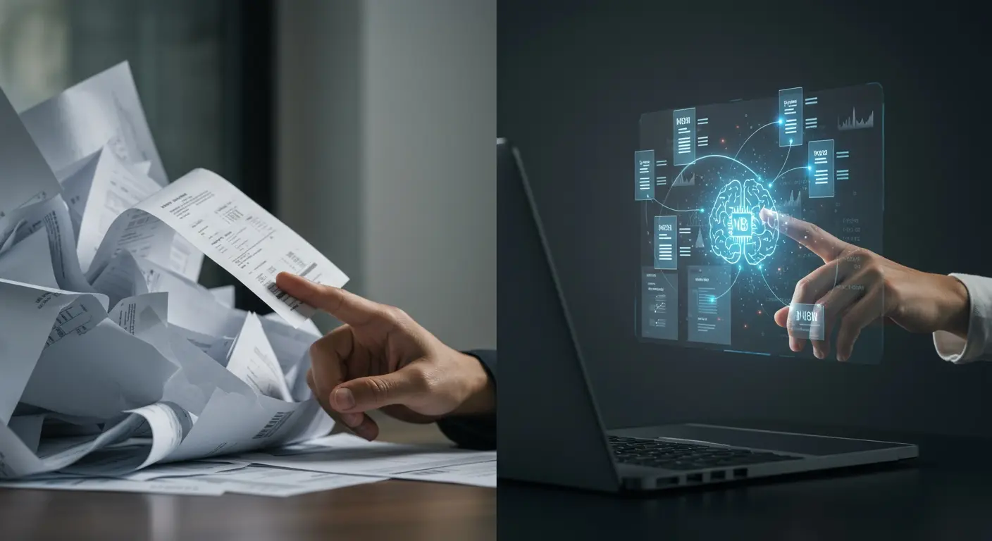 手作業の請求書処理の非効率性と、AIとn8nによる自動化で実現するデジタル変革を対比させた画像です。左側では煩雑な紙の請求書に埋もれる手が、手作業の負担を象徴。右側では、洗練されたデジタル画面で整然と流れる電子請求書と、光るn8nワークフローラインがAIと連携し、効率的な業務自動化を示しています。請求書業務のDXを促進するイメージ。