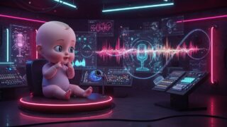 ネオン輝く未来的なコマンドセンターで、AIが生成した赤ちゃんトークポッドキャストを自動作成する様子を描いた画像。知的で神秘的な表情の赤ちゃんが座り、周囲にはマイク、音波、幻想的なAI生成画像がホログラム表示され、n8nのようなノーコード自動化プロセスを示す複雑なデータストリームがそれらを繋いでいます。デジタルアートで表現された創造性とテクノロジーの融合。