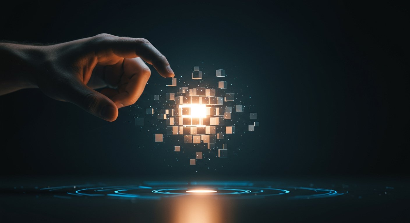 デジタル空間で光るモジュール式のブロックを簡単に接続する人の手。これはn8nとGrok 4を活用した、シームレスなノーコード自動化を象徴する未来型AIエージェントのインテリジェントコアを形成しています。AIエージェント構築の概念図として、初心者向けの直感的な接続プロセスを示しています。