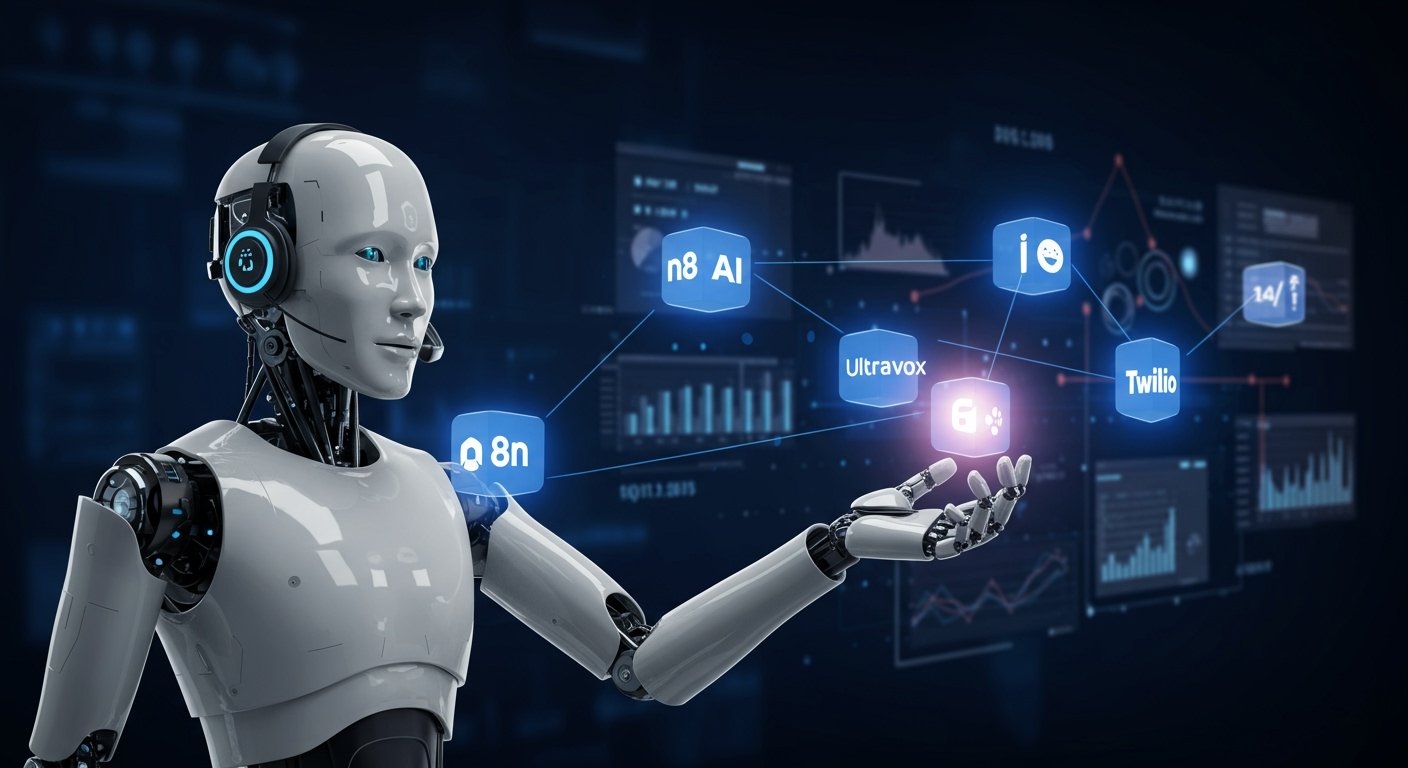未来的なAIロボットがコールセンターヘッドセットを着用し、n8n、Ultravox、Twilioのノーコードブロックを接続してデジタルワークフローを構築。背景にはデータストリームとビジネス成長グラフがあり、AIコールセンターの自動化、24時間効率、無料構築の容易さを示す高技術なデジタルアート。