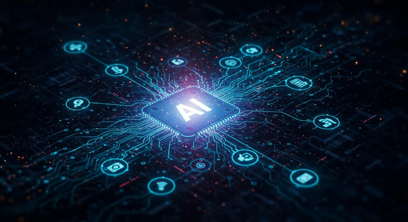 相互接続されたデジタルビジネスネットワークの中心に輝く抽象的なAIコア。データ分析、コミュニケーション、コンテンツ作成、自動化などの多様なAIツールとビジネス機能を象徴する光るノードが、ダイナミックな光の軌跡で結ばれています。これは、ビジネスの効率化と革新のための包括的なAI統合を示唆しており、「AIツールをビジネスに導入する最新情報総覧」という記事のテーマを視覚的に表現しています。鮮やかな青、紫、緑を基調とし、明るくエネルギッシュな光のアクセントが特徴の、未来的でハイテクなデジタルアートです。