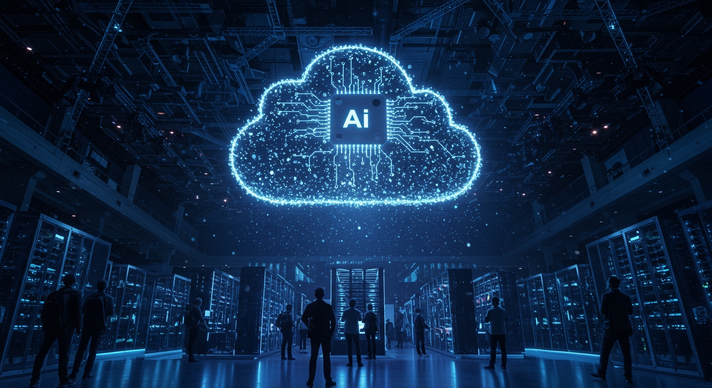 世界最大のネットワーキングイベントCisco Live 2025を象徴する、AIとITインフラの融合を描いた未来的なデジタルアート。広大なコンベンションホールの上空に意識の集合体のような光るAIクラウドが浮かび、データ経路が光るサーバーラックを照らしている。ITプロフェッショナルたちがその光景を畏敬の念で見上げ、AIが変革する未来のITインフラを表現。鮮やかな青と紫の色調。