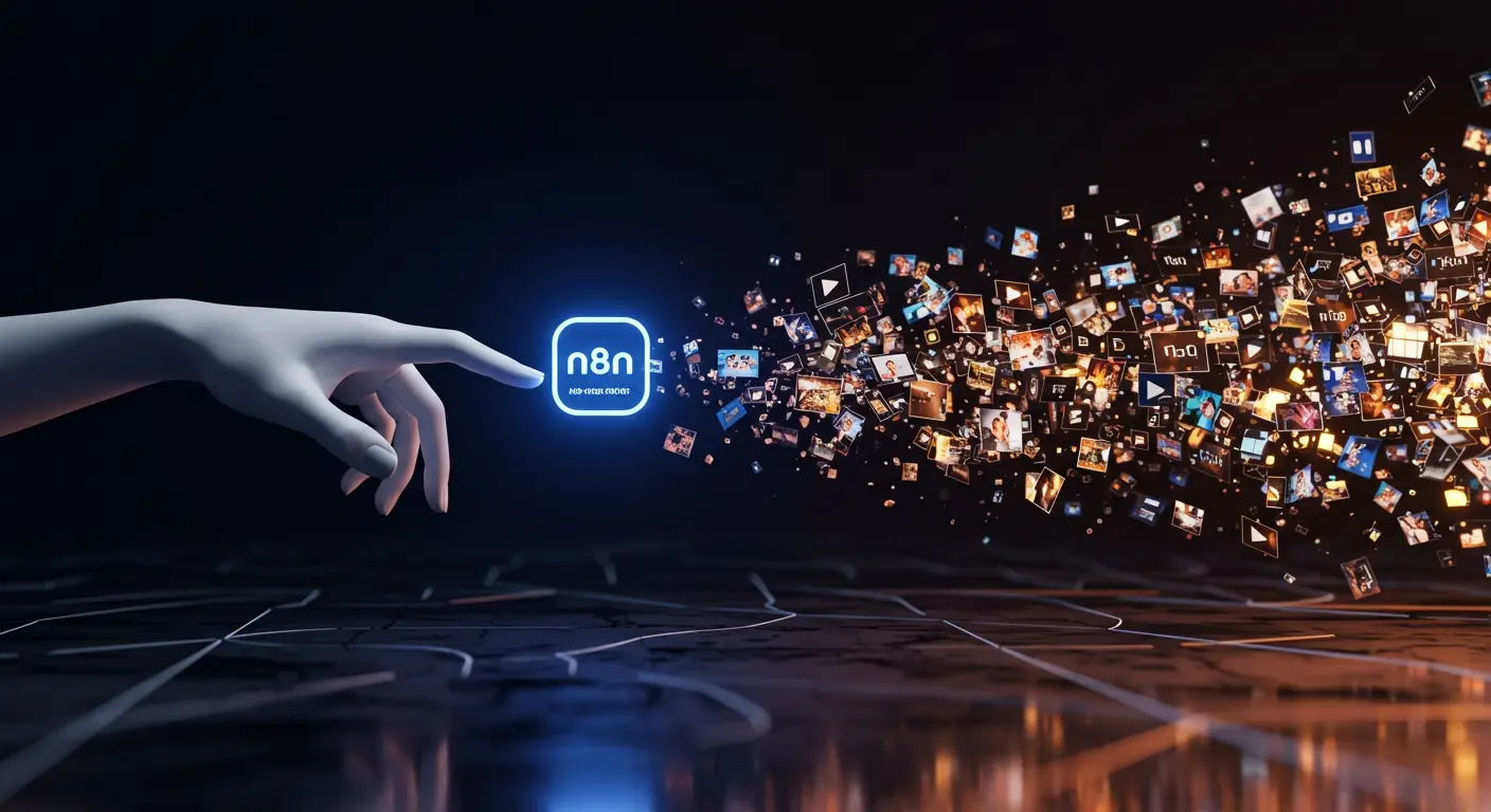 未来的な手がn8nのノーコード自動化ノードを操り、Google Veo 3による高精細なAI動画がバイラルに拡散する様子を表現した画像。ノーコードでAI動画を自動生成し、デジタルマーケティングで活用する革新的なアプローチを示す。