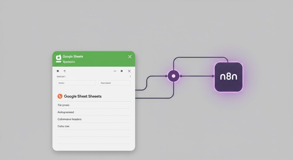 鮮やかな概念イラストです。手前には、太字の自動生成された列ヘッダー（カラム名）が最初の行に明確に表示されたGoogleスプレッドシートが映っています。その奥には、洗練された光を放つn8nのワークフロー図が紫色の光を放ちながら、この簡単なデータ整理を巧みに制御している様子が描かれています。Googleスプレッドシートの緑とn8nの紫の配色が調和し、シンプルさ、効率性、スマートな自動化が表現されており、n8nを使ったGoogleスプレッドシートのヘッダー自動追加手順を視覚的に示しています。