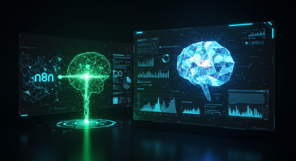 未来的なデジタルインターフェース上で、動画画面から発光するデータストリームが、n8nノードと光り輝く多面体AI脳（Google Geminiを象徴）へ流れ込む様子。その融合から、洞察に満ちたチャート、キーワードクラウド、要約テキストが動的に生成され、無料かつスマートな自動化を強調する柔らかな緑と青の光に包まれている。n8nとGoogle Geminiを活用した動画分析のAI自動化を視覚化した、高詳細な概念的デジタルアート。