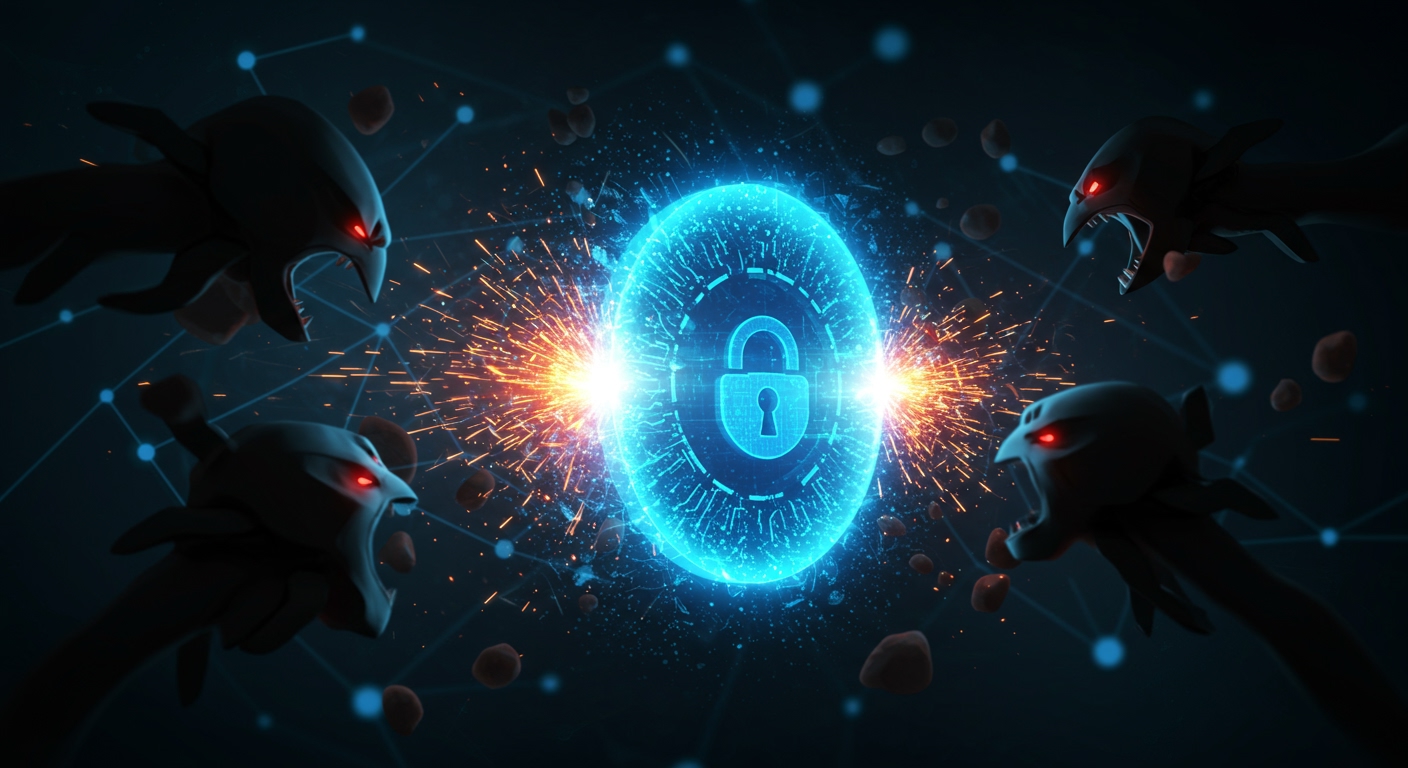 n8n Webhookを表現する輝くデータゲートウェイが、闇のサイバー脅威に襲われている様子。堅牢なデジタルロックと鮮やかな青いエネルギーバリアが脅威を強力に防御し、火花を散らして撃退しています。背景には、自動化されたワークフローの接続ノードが微かに見え、n8n Webhookのセキュリティ対策の重要性を視覚的に示しています。