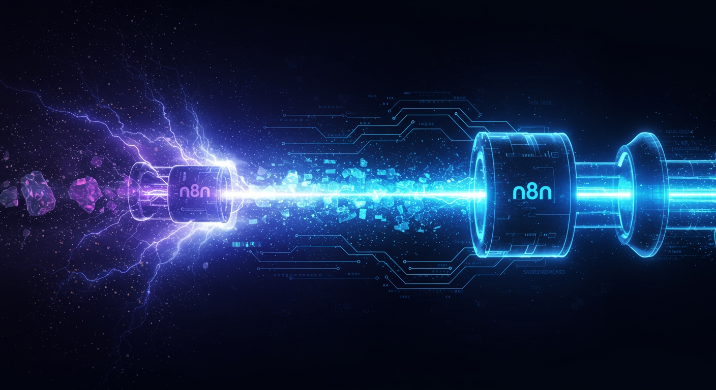 n8nワークフローをハイテク精錬所として描いた画像。片側からAI由来の混沌とした輝く生データがn8nノードへ流れ込み、ワークフロー内で完璧に構造化され、磨かれた宝石のように変化。反対側からは洗練された輝くデータストリームが流れ出し、AIエージェントの出力最大化とインテリジェントな自動化の加速を象徴。深みのある青、紫、明るい電気的なアクセントが特徴的な未来的なデザイン。