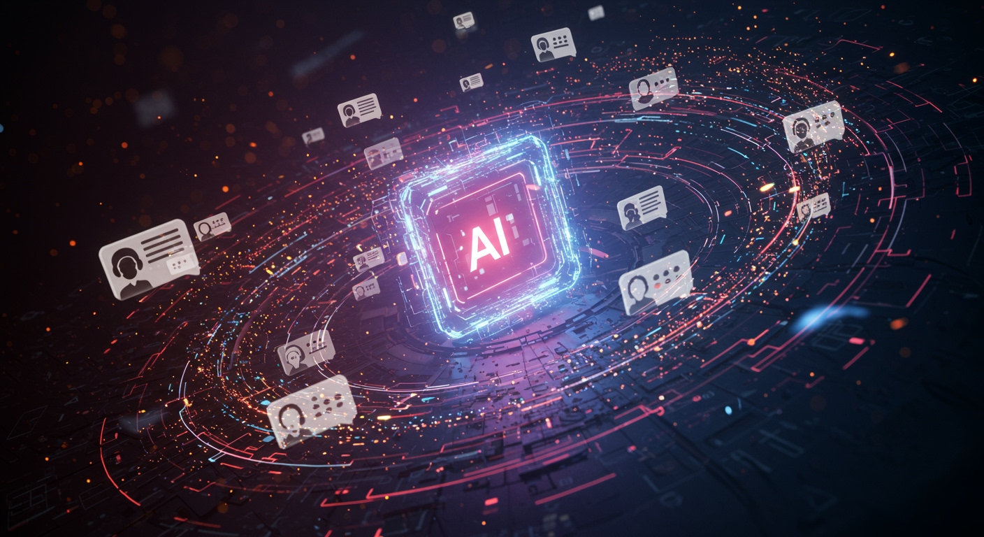 光り輝くAIコアが中心にあり、顧客サポートの問い合わせが瞬時に解決される様子を表現したデジタルアート。渦巻くチャットバブルとデータフローがAIエージェントによるシームレスな自動化と効率的なワークフローを象徴し、n8nを活用した未来の顧客体験向上を示唆しています。