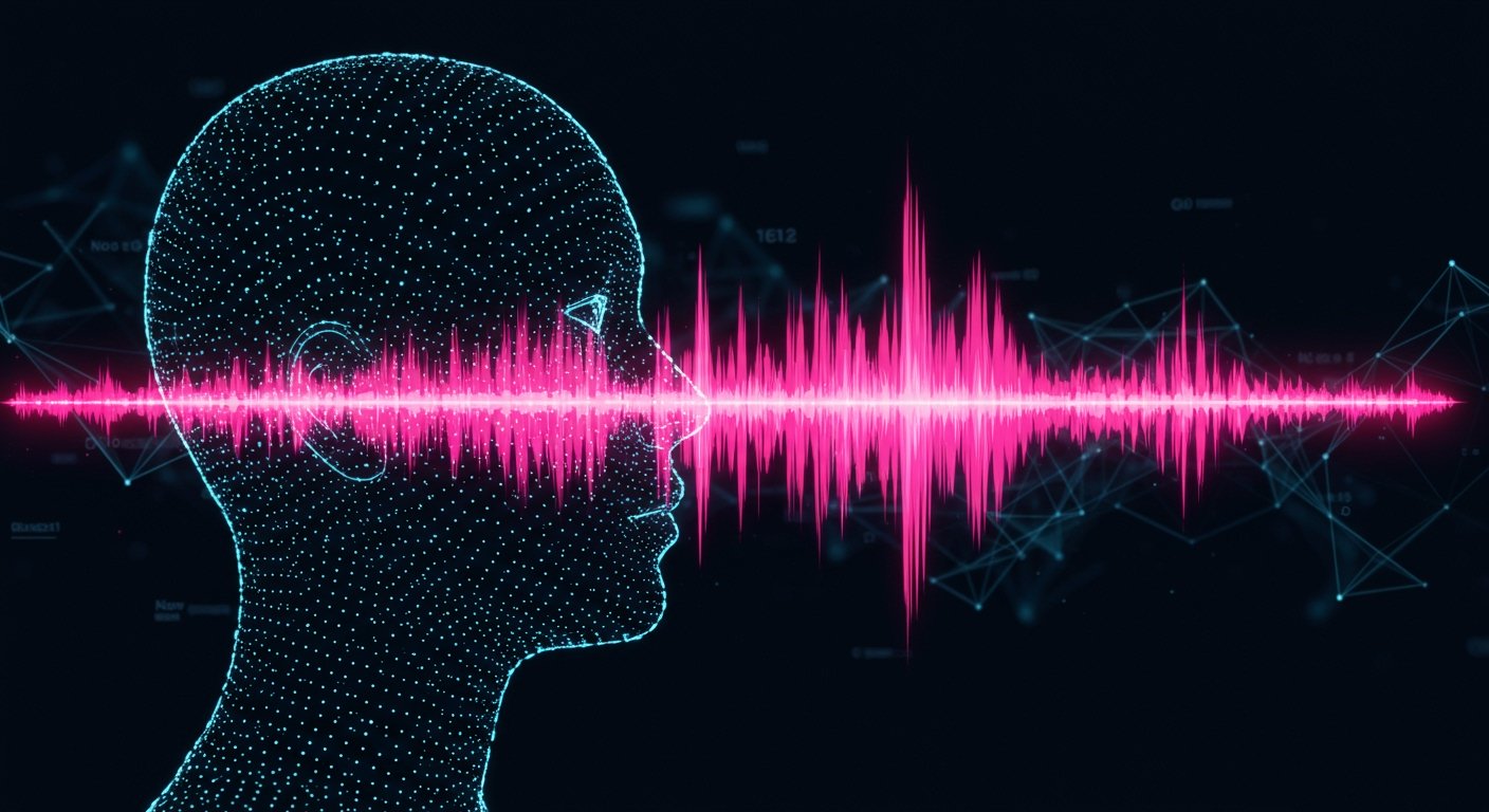 n8nとElevenLabsを活用し、AIエージェントのデジタルブレインからデータが人間らしい自然な音声波形に変換される様子を描いた抽象的なデジタルアート。背景のn8nノードがノーコード自動化を示唆し、テキストから音声への直感的な変換プロセスを強調。ブログ記事『n8nでAIエージェントを音声アシスタント化』の核となる概念を視覚化しています。