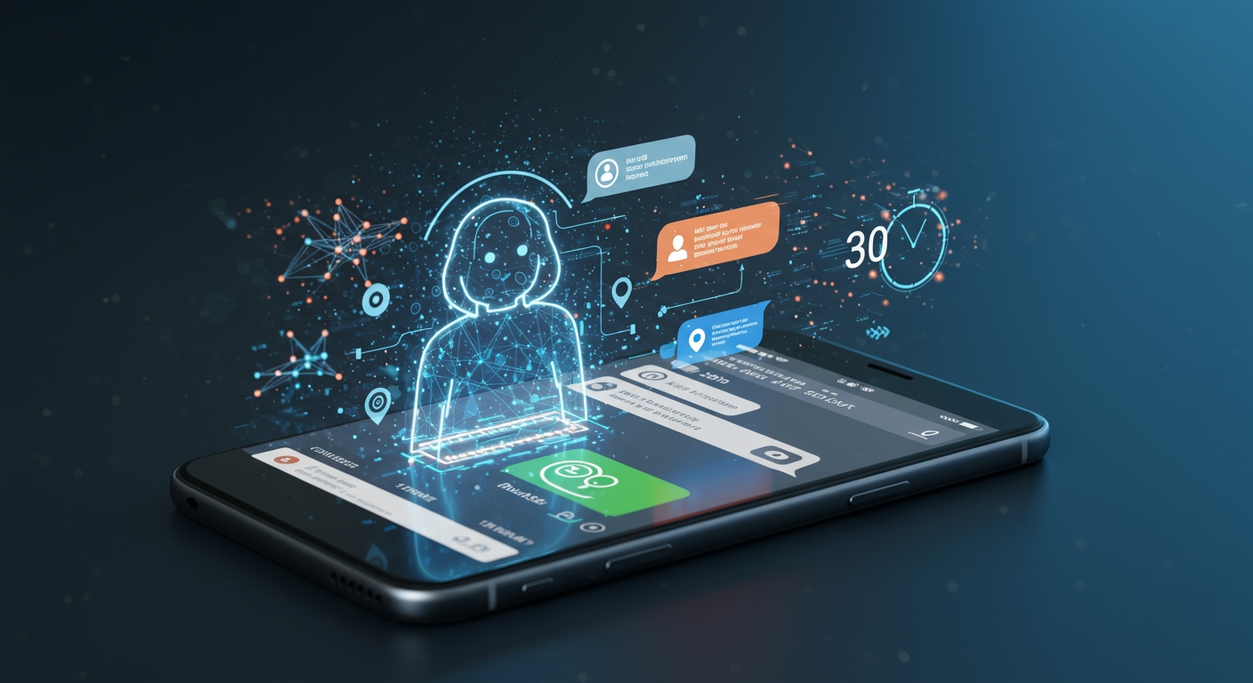 n8nのホログラフィックなビジュアルプログラミングインターフェースが光るスマートフォン画面で、WhatsAppチャット向けAIエージェントが30分で構築される様子。ニューラルネットワークとデータフローのデジタル要素がチャットバブルに絡み合い、未来的なクリーンなデザインでビジネス向けノーコード自動化と高速開発の効率性を強調。WordPressブログ「ノーコードn8nでWhatsApp AIエージェントを30分で構築：完全ガイド」のアイキャッチ画像。