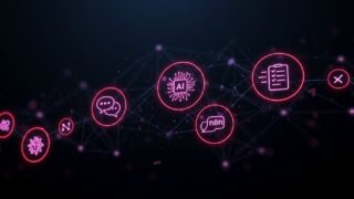 n8nの動的なノードネットワークが進化する様子を表す高解像度デジタルアート。チャットバブル、AI脳、データストリーム（Webhook）、フォームインターフェースのシンボルが光り輝き、相互接続された線がインテリジェントなエネルギーを放っています。これは過去30日間のn8n最新機能、特にAI統合と自動化の進歩を象徴しています。黒い背景に未来的なデザインで、革新と効率性を示唆しています。