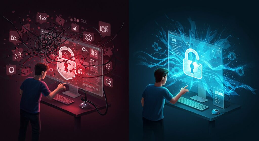 左右に分割されたデジタルアート。左側には、ピクセル化され遅延するリモートデスクトップ画面に苦悩する人物が、絡まったコードやバッファリングアイコン、破損したセキュリティロックに囲まれ、暗く混沌とした色調で描かれています。右側には、同じ人物が落ち着いて生産的に、鮮やかで高速、そして非常にクリアなリモートデスクトップインターフェースをシームレスに操作しており、流れるような光るデータストリームと開いた安全な南京錠アイコンに囲まれ、明るく楽観的な青と緑のトーンで満たされています。これは、自由で高速、安全なオープンソースのリモートデスクトップソリューション（RustDesk）を象徴する画像です。