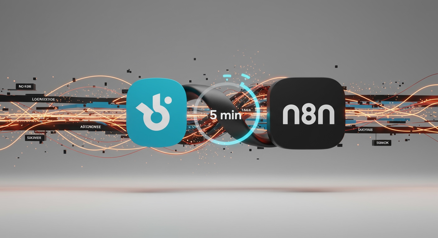 Slackロゴとn8nロゴが、デジタルデータストリームと光の線に囲まれながら高速に融合・絡み合う、鮮やかでダイナミックなアイキャッチ画像。画面には「5分」のタイマーが組み込まれ、超高速な業務自動化とノーコード連携の実現を強調しています。このビジュアルは、劇的な業務効率向上とシームレスなワークフロー変革のパワフルなイメージを表現しており、検索エンジンとスクリーンリーダー利用者に、Slackとn8nを5分で連携させる自動化ガイドの内容を伝えます。