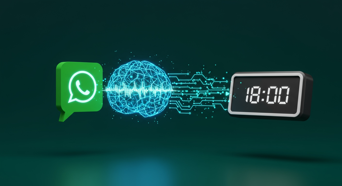 鮮やかなデジタルイラスト。WhatsAppのチャットバブルが光る抽象的なAI脳に変形し、インテリジェントな音声波形を放射。動的に相互接続されたノーコードのワークフローノードが伸び、迅速な自動化を象徴しています。背景のデジタル時計は「18:00」を表示し、18分での高速構築を強調。WhatsApp AI音声エージェントとn8nによるシンプルで強力なコミュニケーションの実現を視覚化しています。アクセシビリティと検索エンジン最適化のために、この画像は投稿「18分でWhatsApp AI音声エージェントを構築！ノーコードn8n活用ガイド」の主要な概念を伝えます。