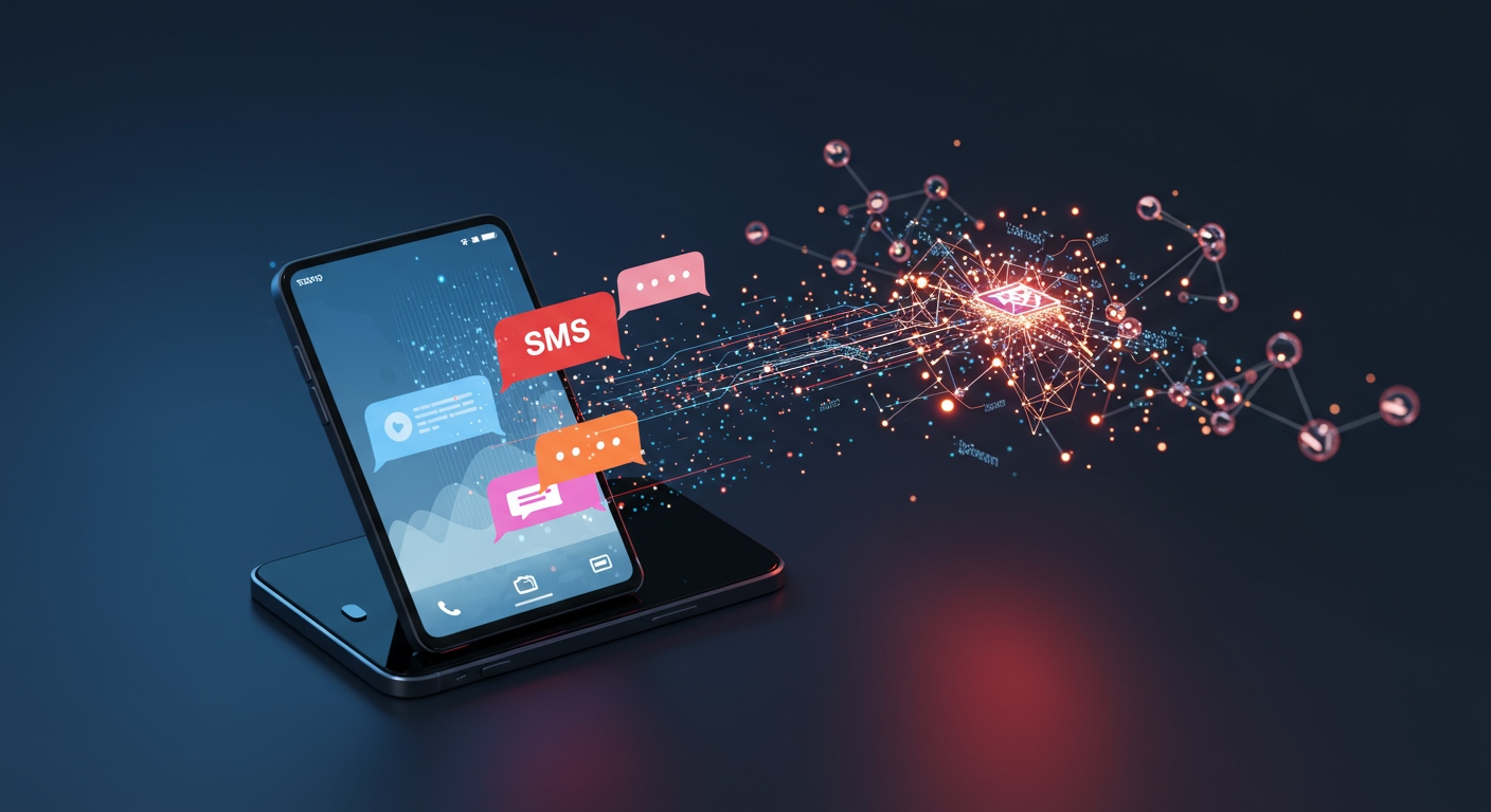 鮮やかなSMSバブルを表示するスマートフォンが、光るAIニューラルネットワークとノーコードワークフローノードにシームレスに接続されている様子を描いた画像。n8nやTwilioを活用した高機能SMS AIエージェントの自動化、知能化、シンプルさを象徴する未来的なデジタル風景が背景に広がる。