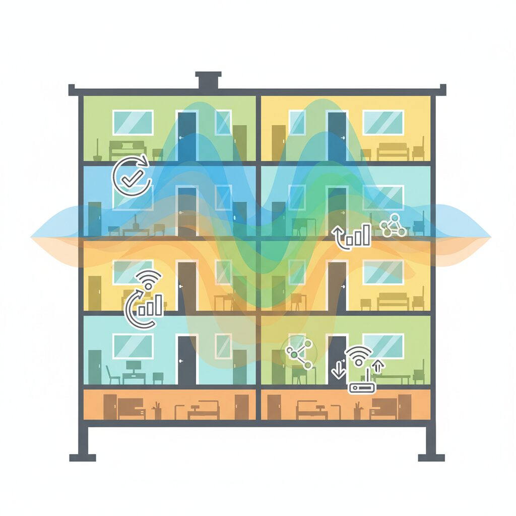 集合住宅でのWi-Fi干渉と改善を示すイメージ画像