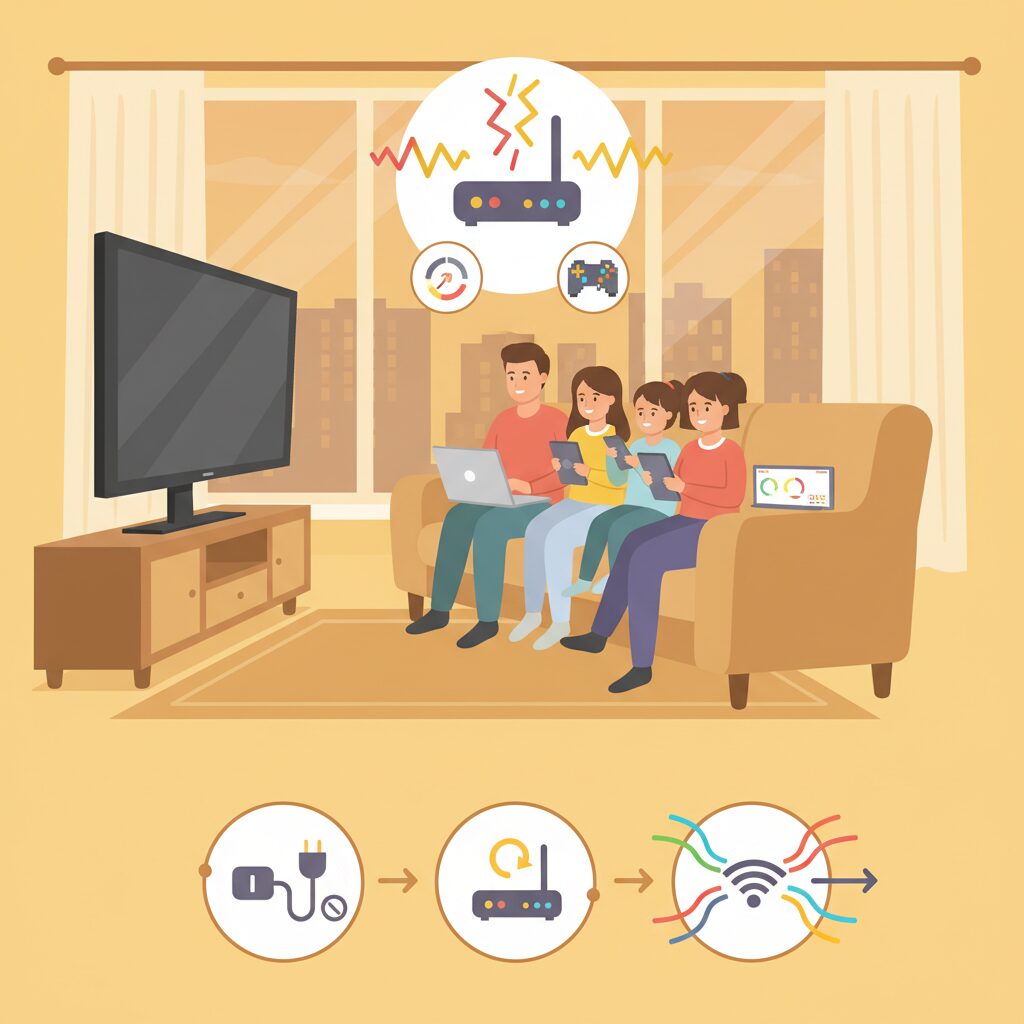 夜間のWi-Fi混雑と改善の流れを示すイメージ画像