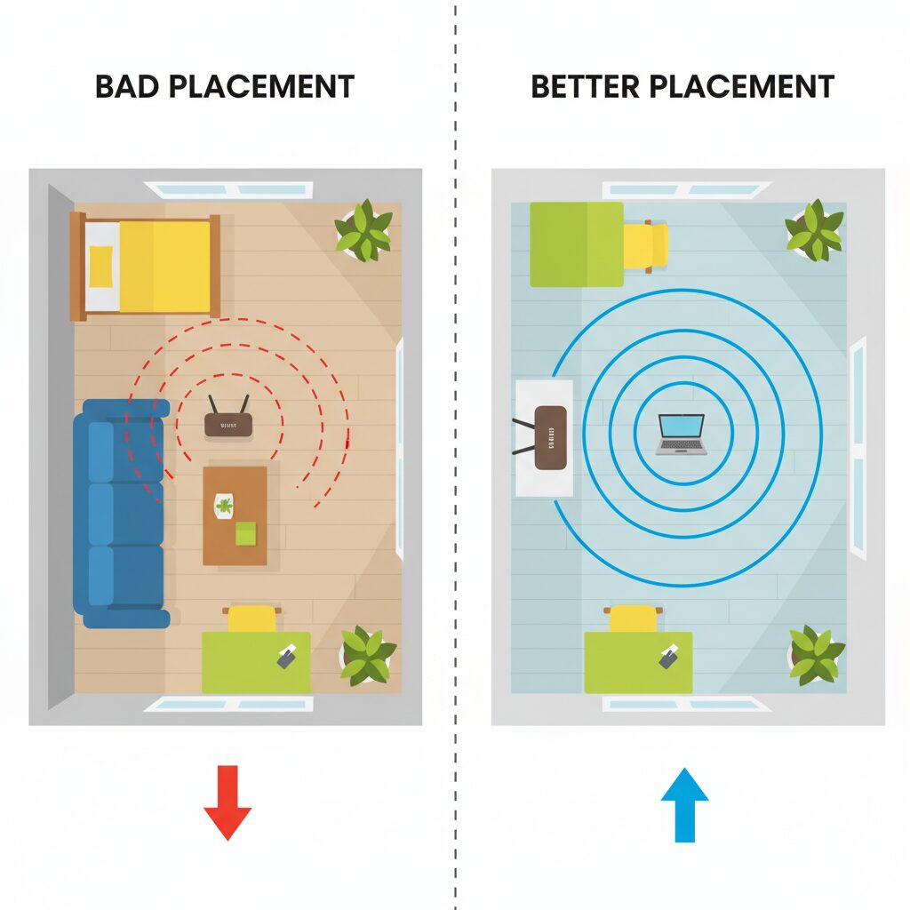 ルーター床置きの課題と改善を示すイメージ画像