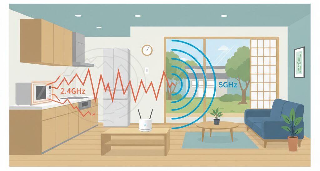 電子レンジ使用時のWi-Fi干渉と5GHz切り替えを示すイメージ