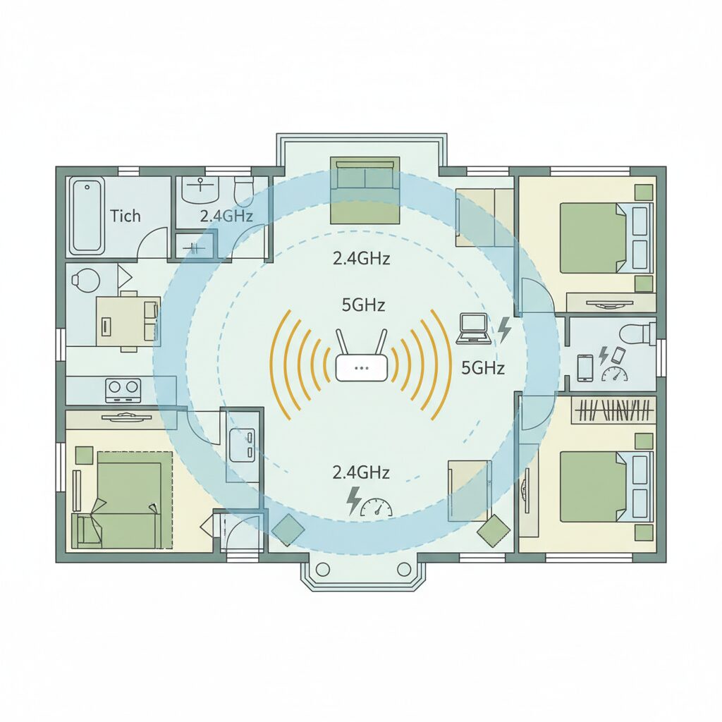 自宅の見取り図に2.4GHzと5GHzの電波範囲の違いを示したイメージ