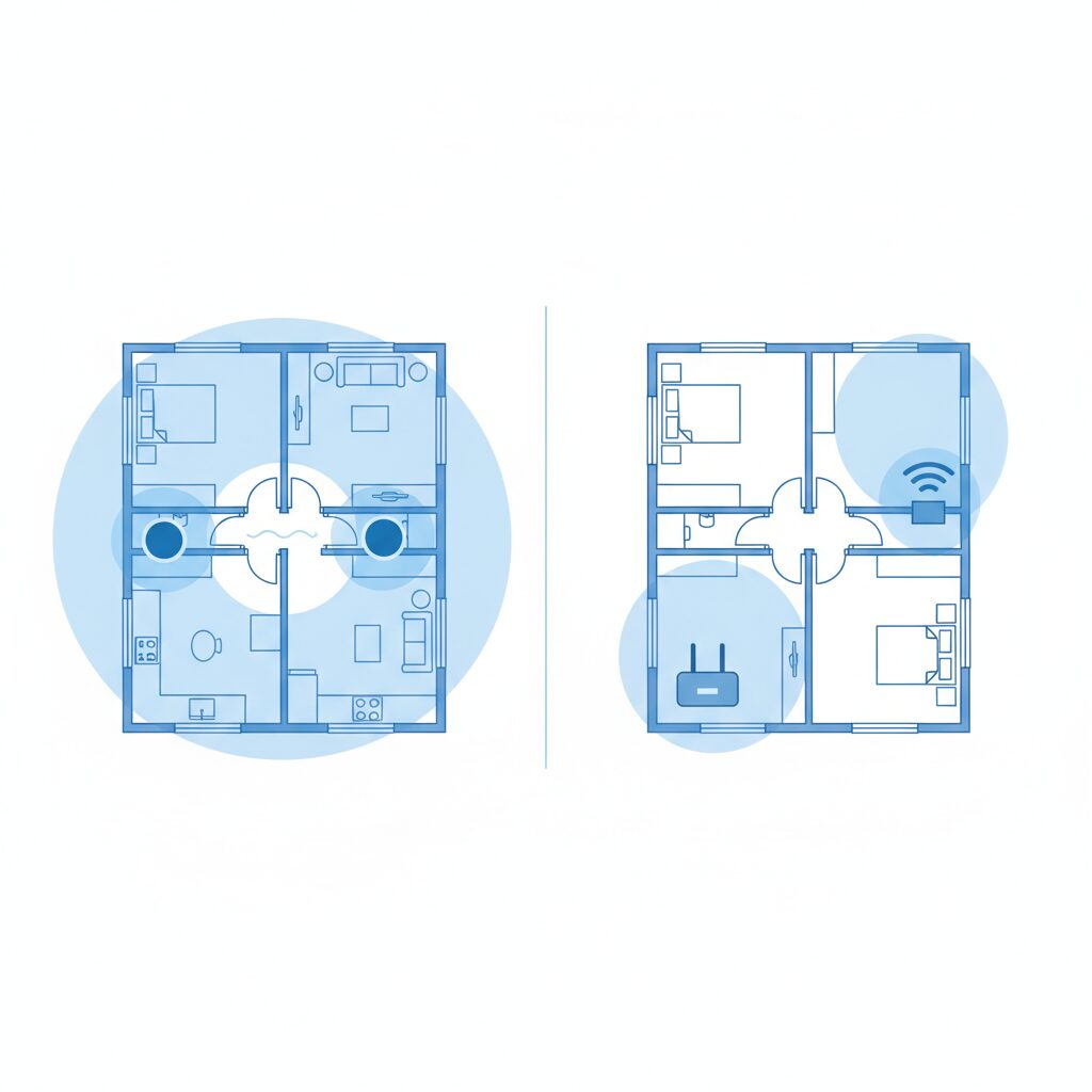 家の中でメッシュWi-Fiと中継機の電波カバー範囲を比較したイラスト