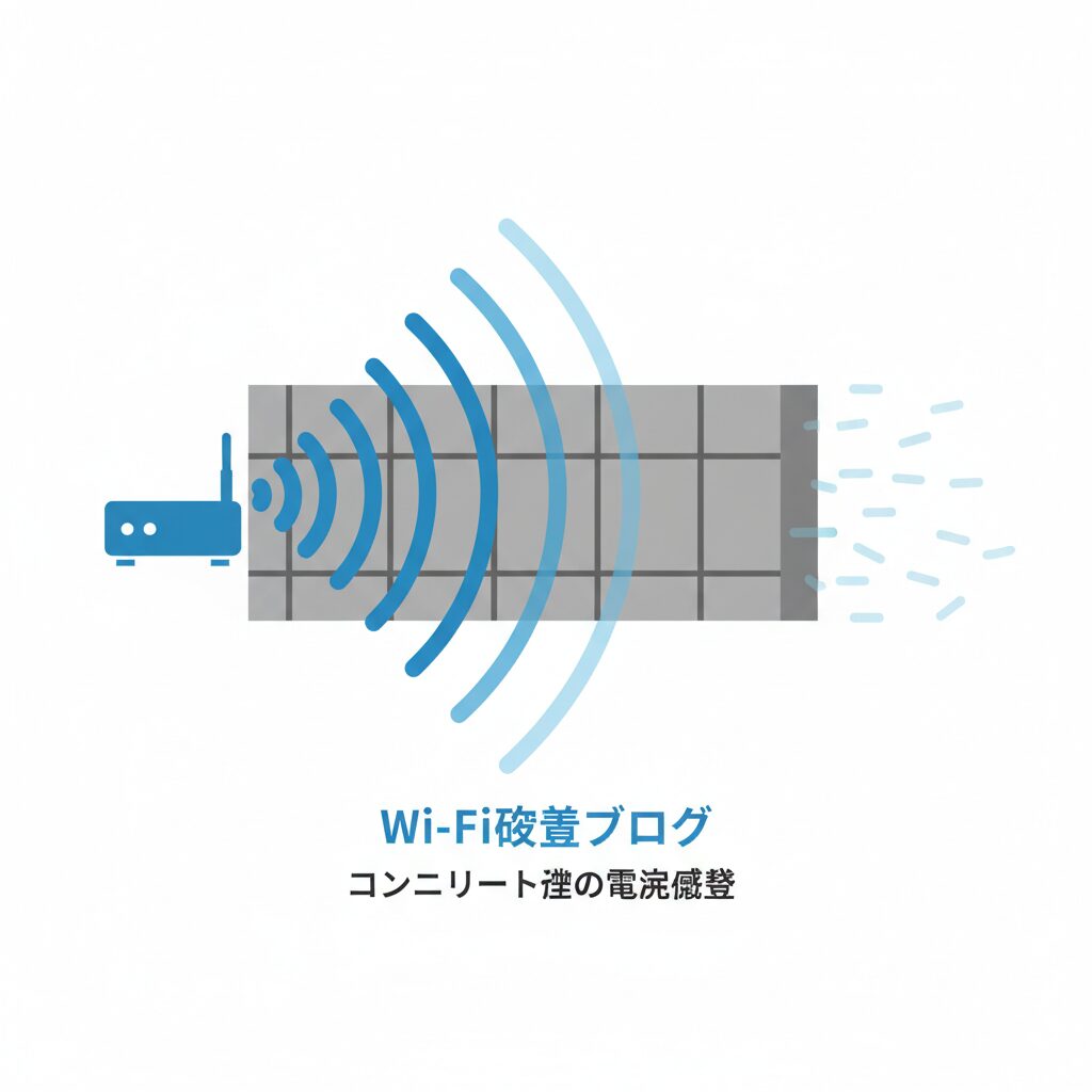 コンクリート壁を通過するにつれて弱まるWi-Fi電波の断面イラスト