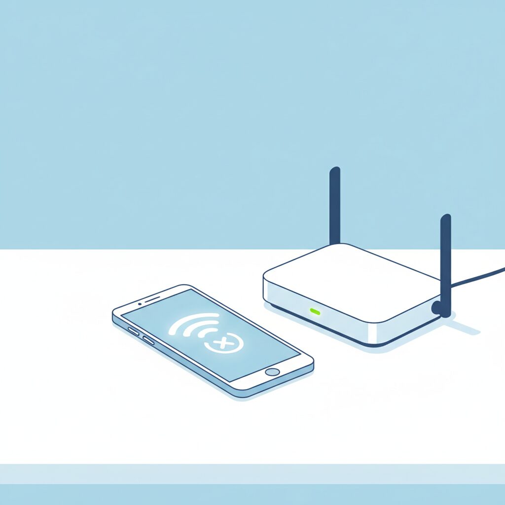 Wi-Fiルーターの隣に置かれた、接続エラーを示すスマートフォン